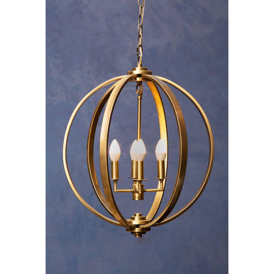 Gold spherical chandelier with three light bulbs on a blue background