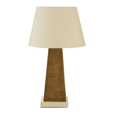 Table lamp with a geometric brown base and beige lampshade on a white background