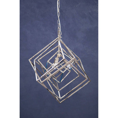Decorative metal cube pendant light on a blue background