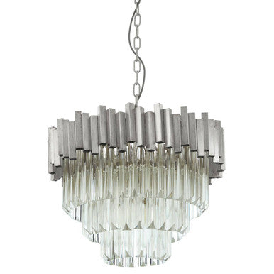 Chandelier with silver and clear glass design on a white background