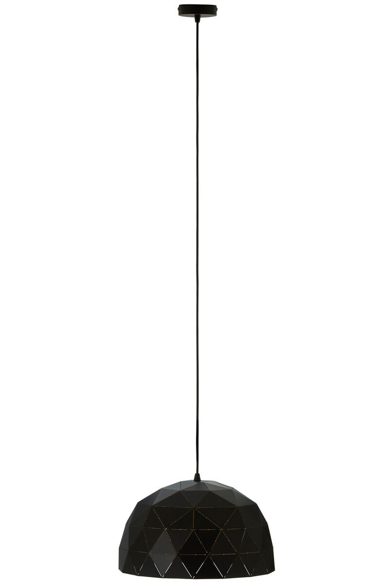 Black geometric pendant light on a white background
