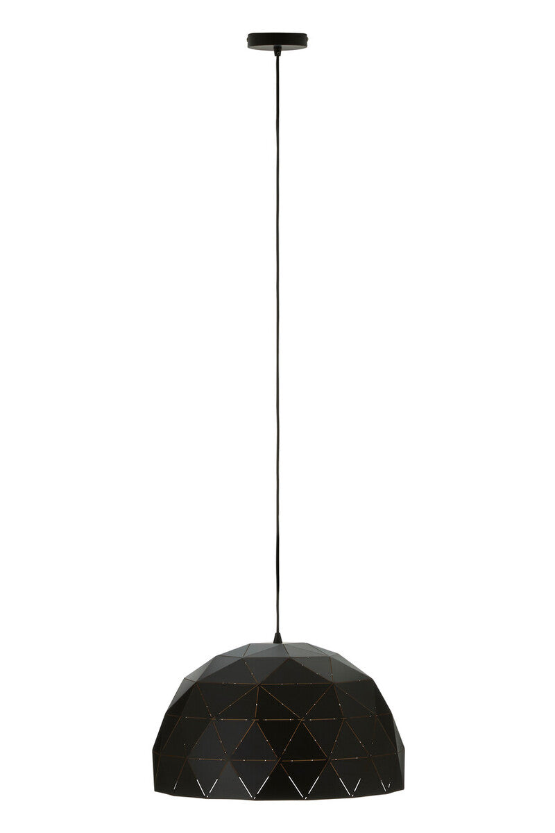 Black geometric pendant light on a white background