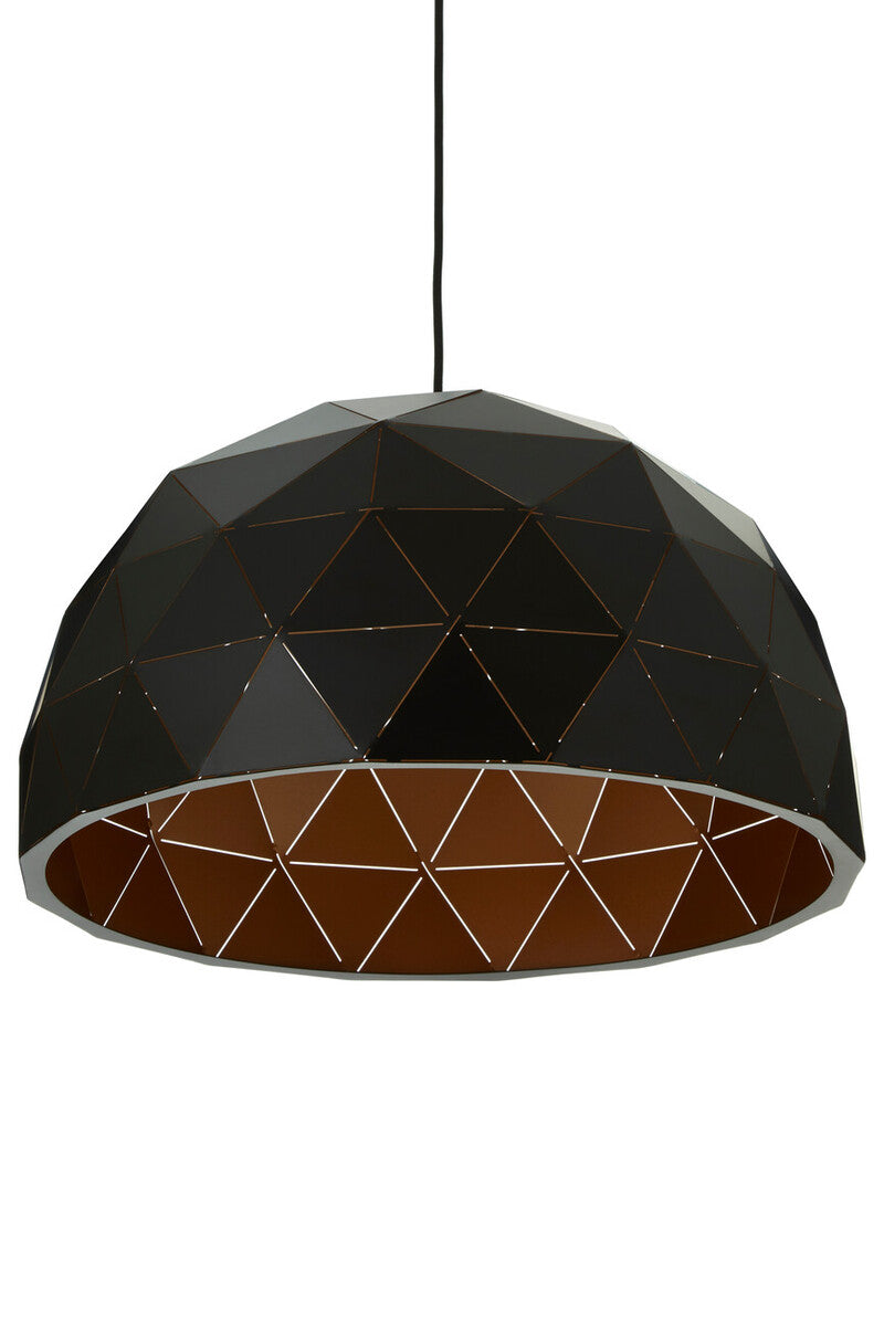 Geometric pendant light with black and brown design on a white background