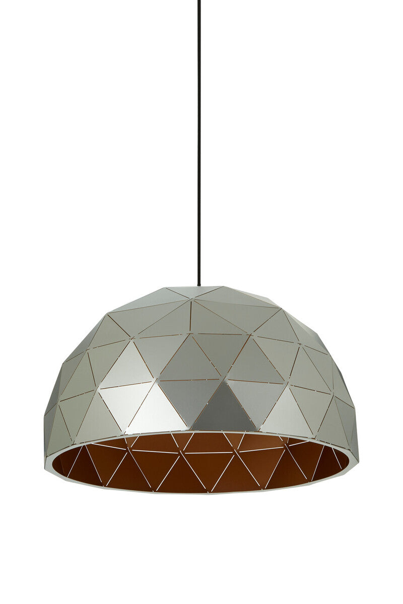 Geometric pendant light with a metallic finish on a white background