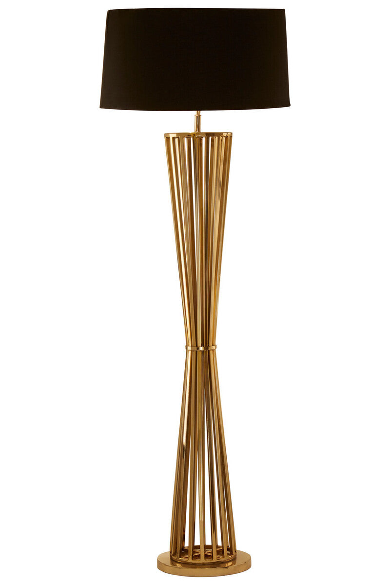 Floor lamp with gold cylindrical base and black shade on a white background
