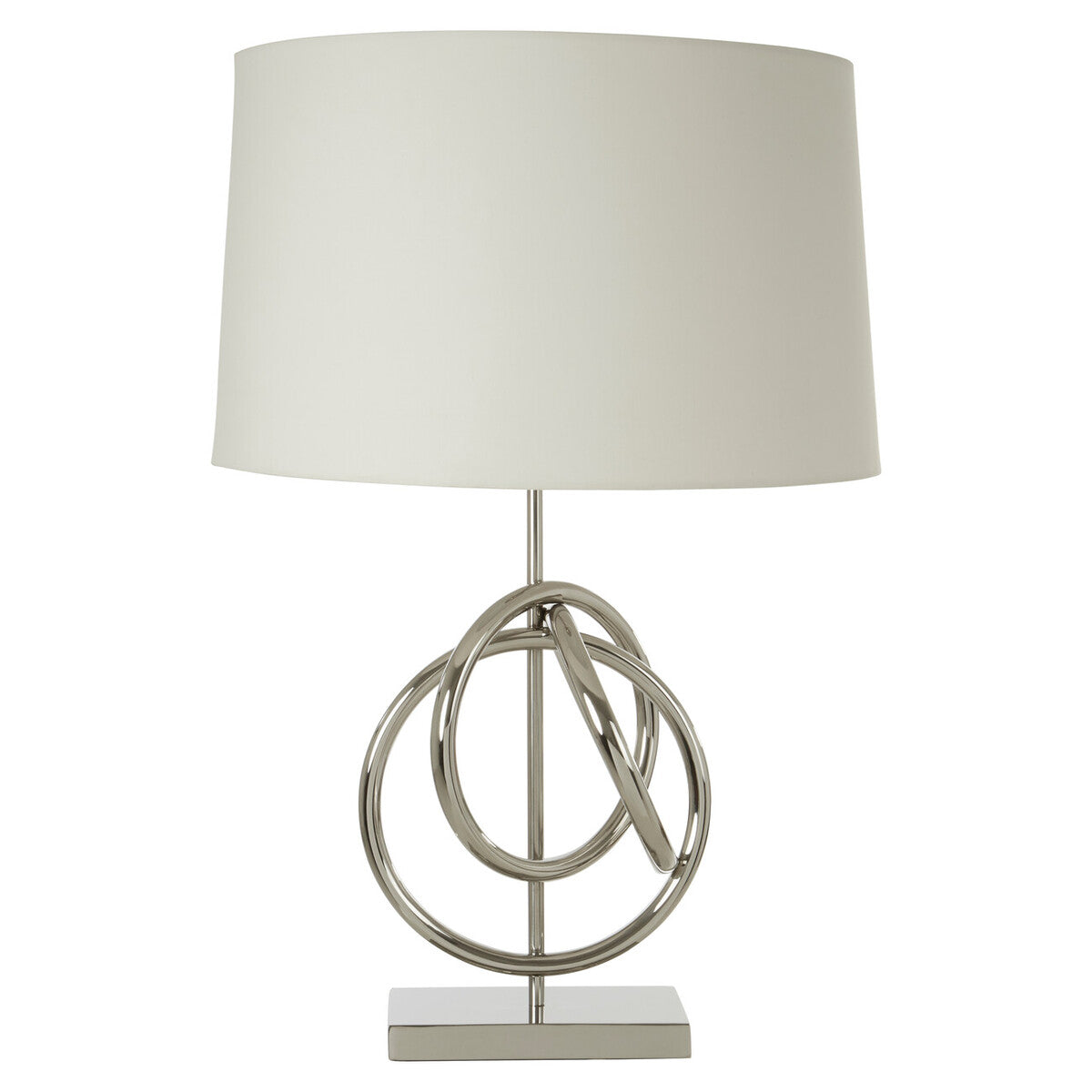 Table lamp with a modern design featuring circular metal base on a white background