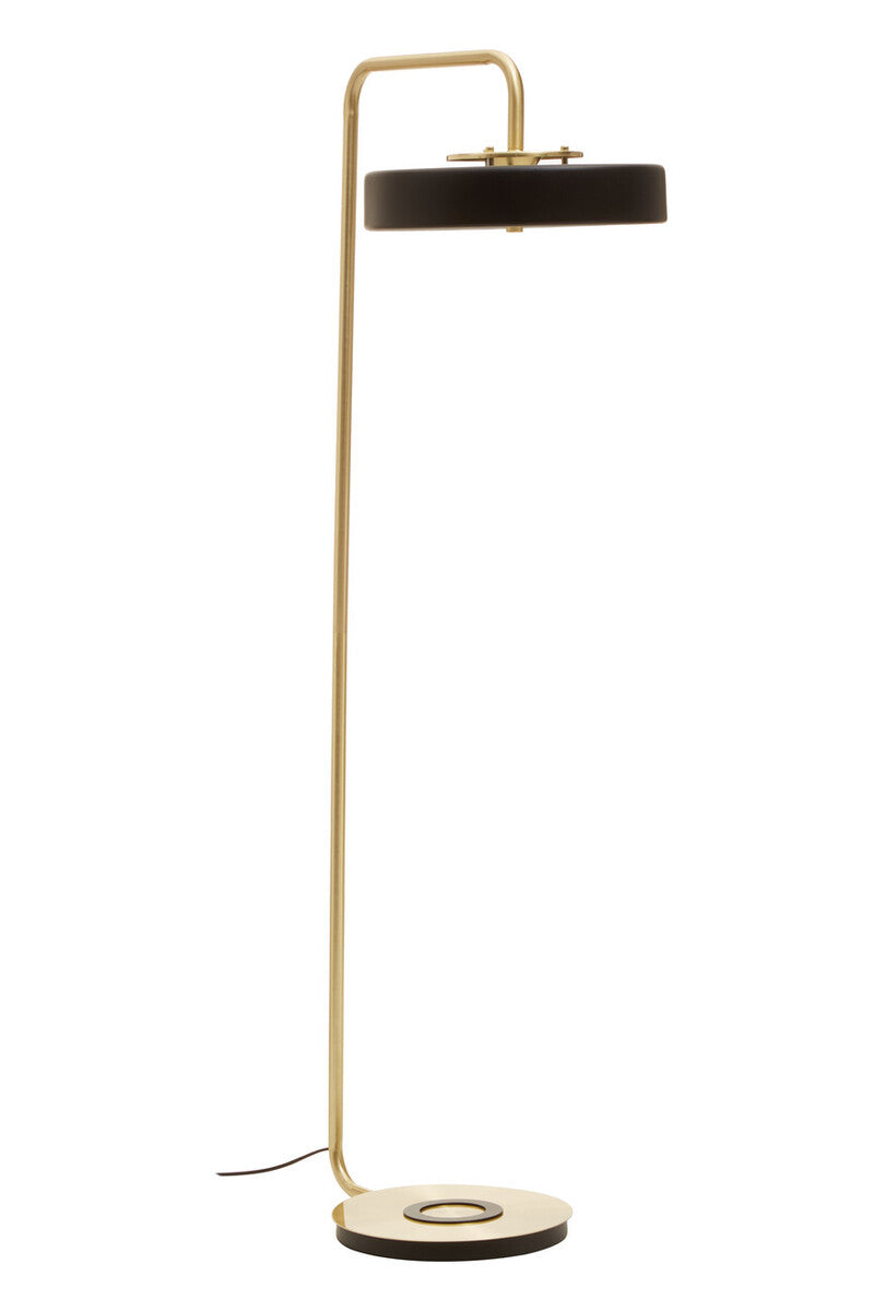 Floor lamp with black shade and gold base on a white background