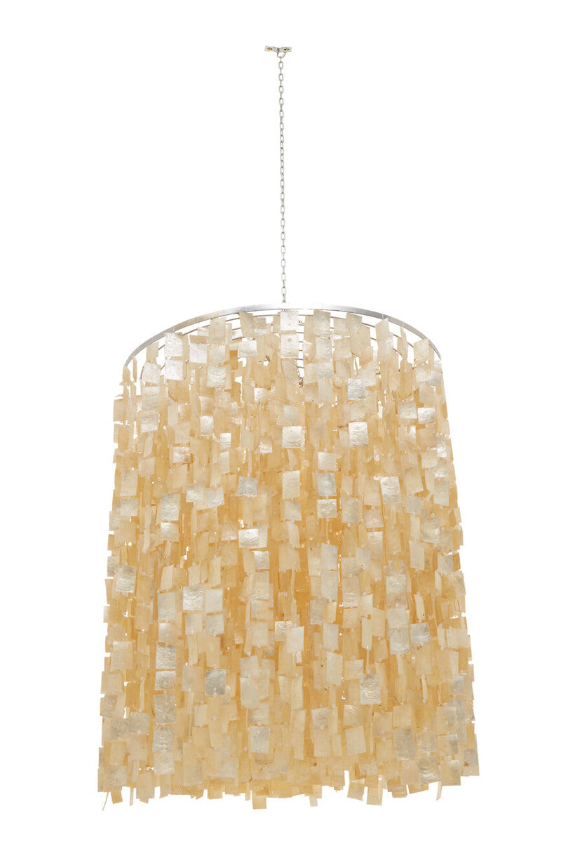 Decorative pendant light with a shell-like texture on a white background