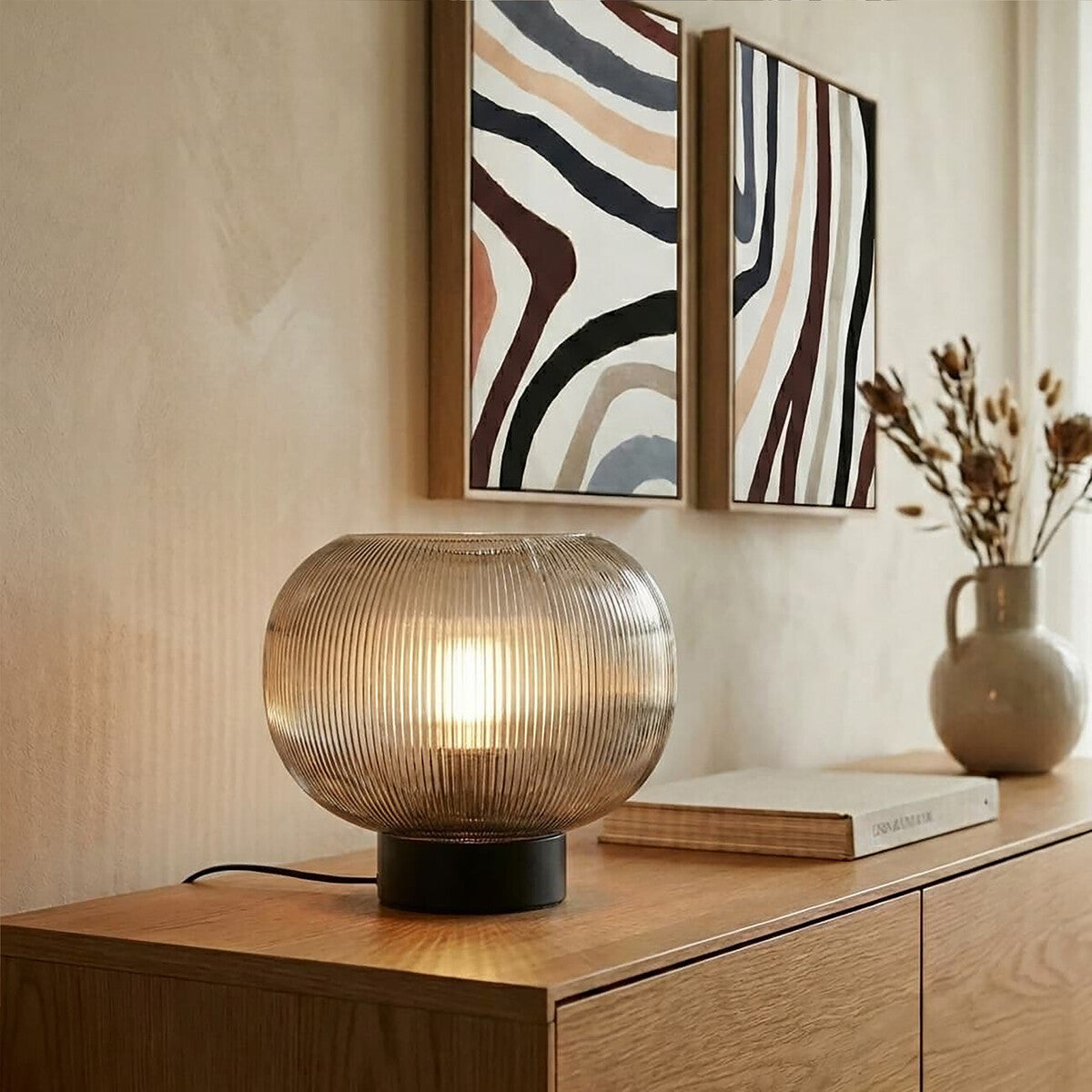 Enola Large Ribbed Smoked Glass Table Lamp - Image 1