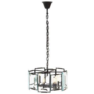Black chandelier with clear glass shades on a white background
