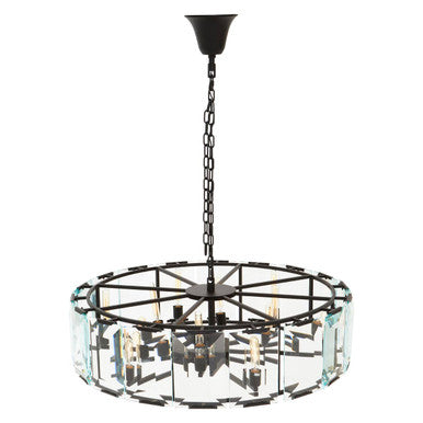 Chandelier with black metal frame and clear glass panels on a white background