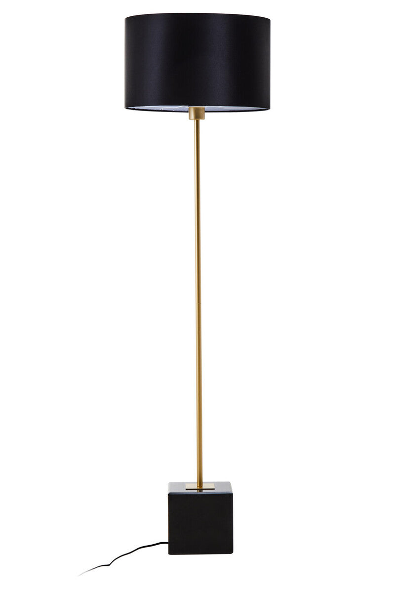 Floor lamp with black shade and base on a white background