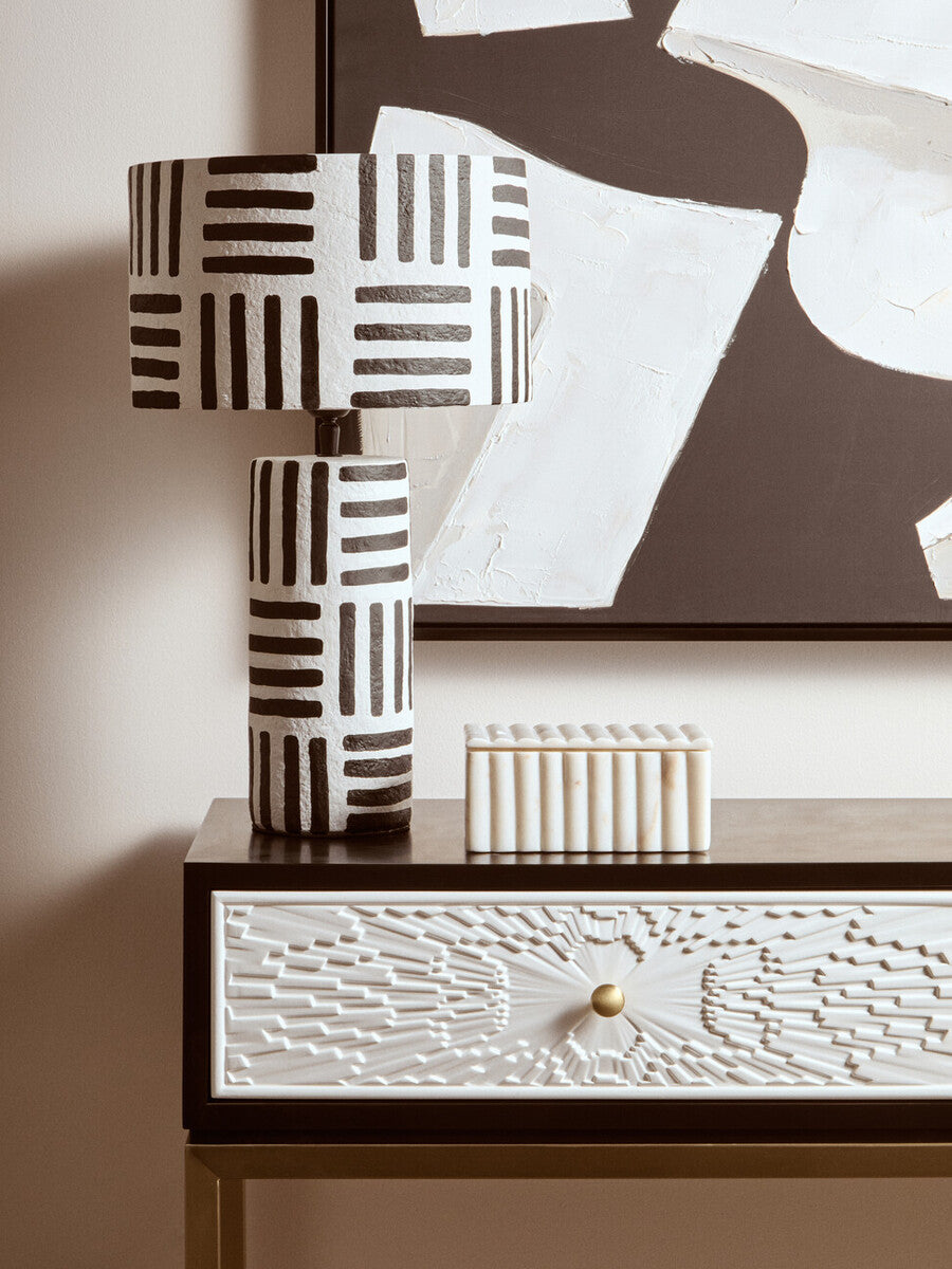 Carta Black And White Papier Mache Table Lamp with Geometric Lines - Image 4