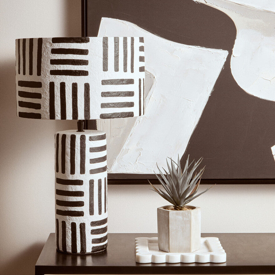Carta Black And White Papier Mache Table Lamp with Geometric Lines - Image 8