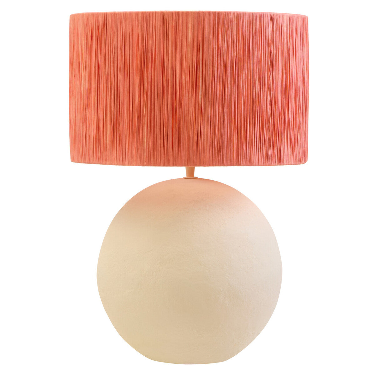 Table lamp with a pink textured shade and beige base on a white background