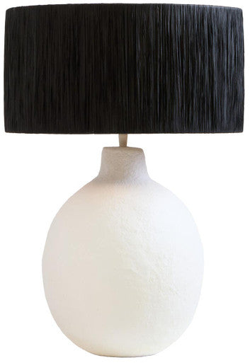 Carta White Papier Mache Table Lamp With Black Raffia Shade - Image 1