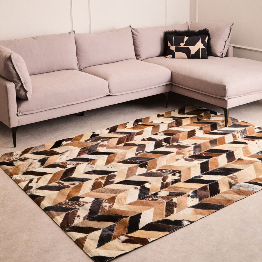 Bosie Safira Large Brown Hair on Leather Chevron Patchwork Rug - Image 2