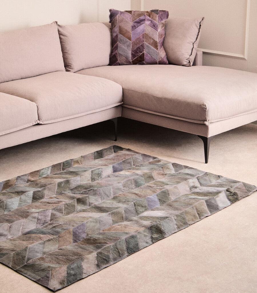 Bosie Safira Small Grey Hair on Leather Chevron Patchwork Rug - Image 2