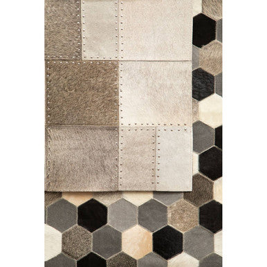 Bosie Safira Small Grey Hair on Leather Patchwork Rug