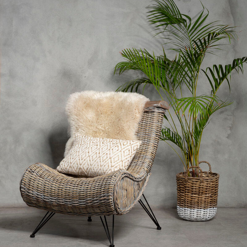 Wicker chair with fur cushion and plant against a gray wall