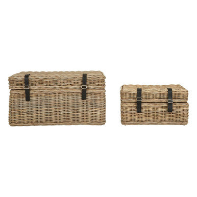 Two woven storage boxes with straps on a white background