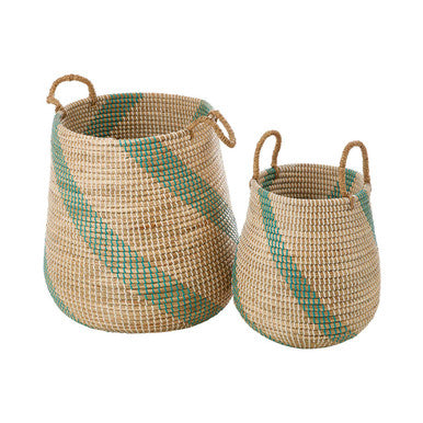 Two woven baskets with green stripes on a white background