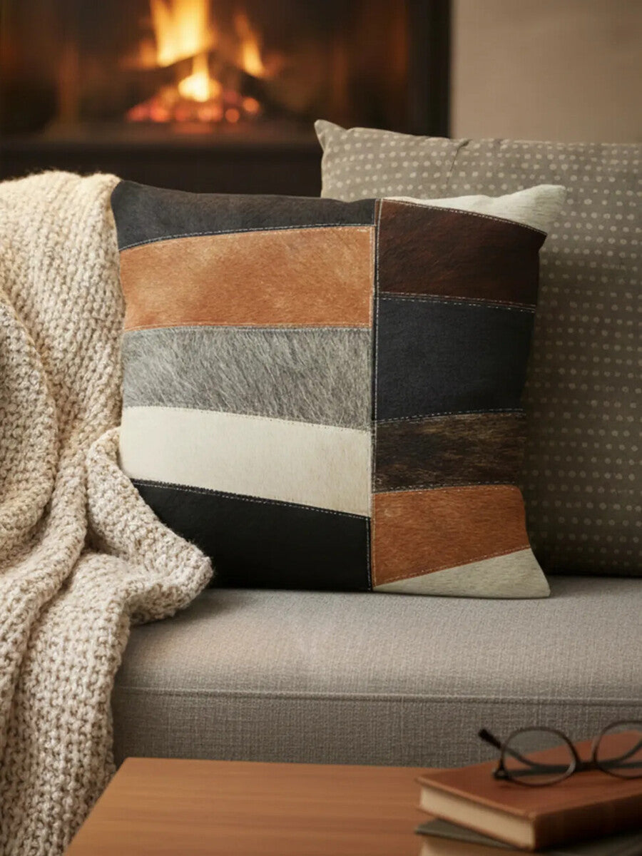 Bosie Safira Neutral Colourblock Hair on Leather Patchwork Cushion