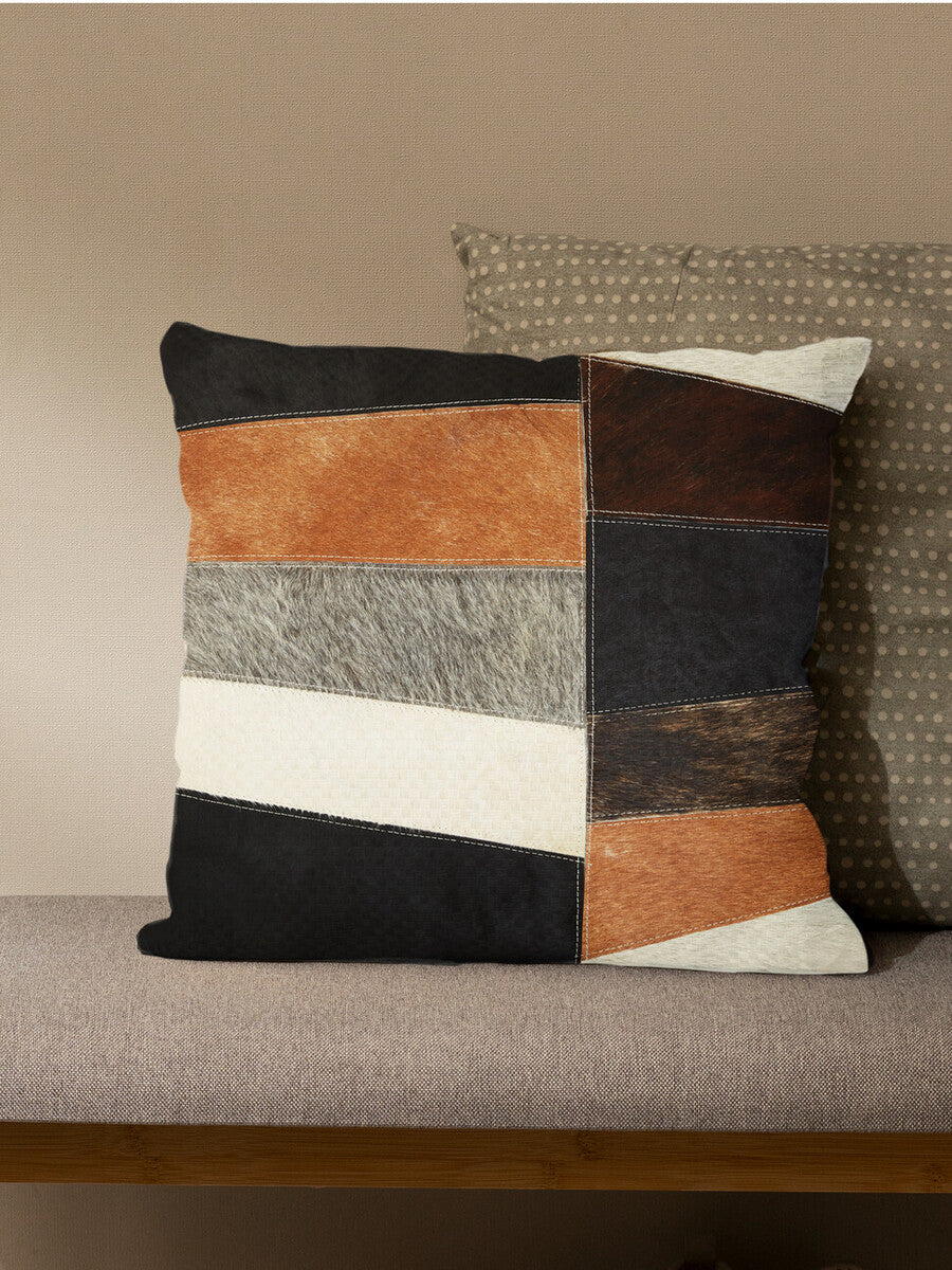 Bosie Safira Neutral Colourblock Hair on Leather Patchwork Cushion