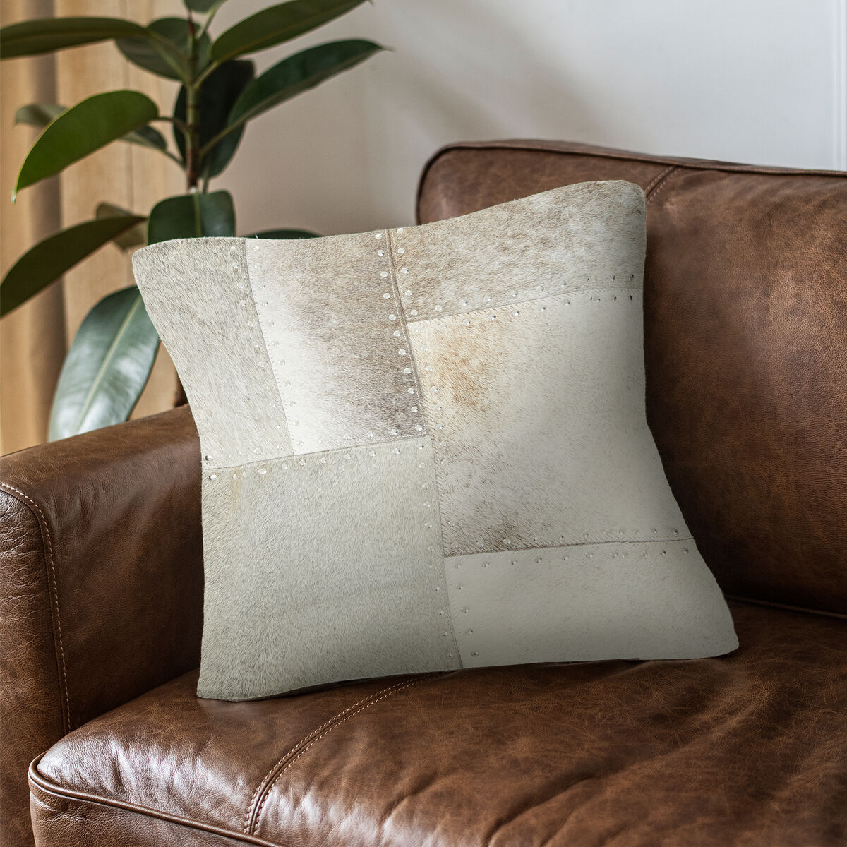 Bosie Safira Grey Hair on Leather Patchwork Cushion - Image 2