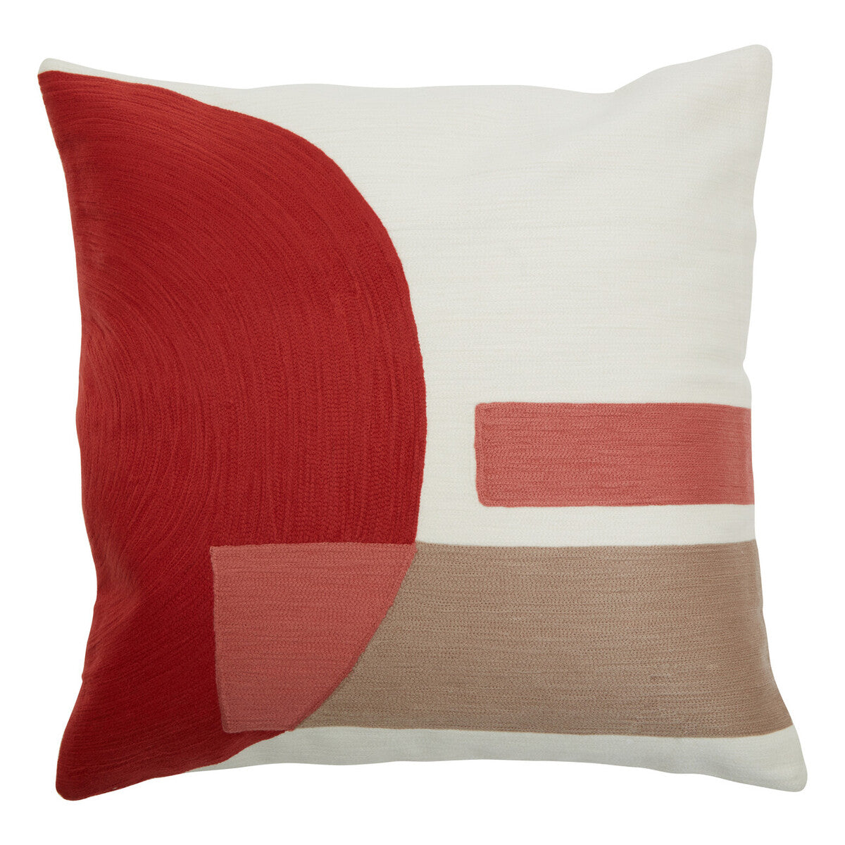 Decorative pillow with red, beige, and white abstract pattern on a white background