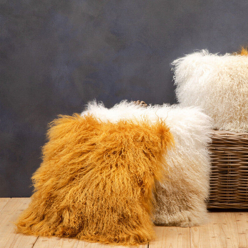 Bosie Real Mongolian Fur Ochre Square Cushion - Image 2