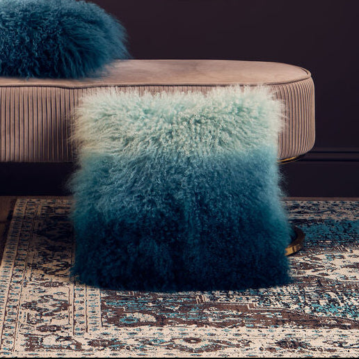 Bosie Real Mongolian Fur Blue Ombre Square Cushion