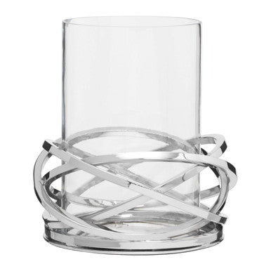 Clear glass vase with silver metal base on a white background