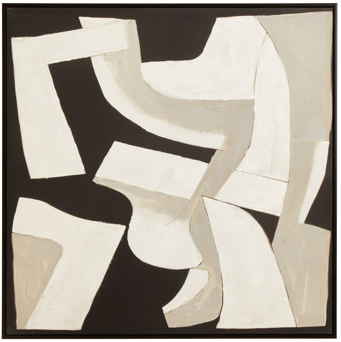 Abstract art piece with white and beige shapes on a black background