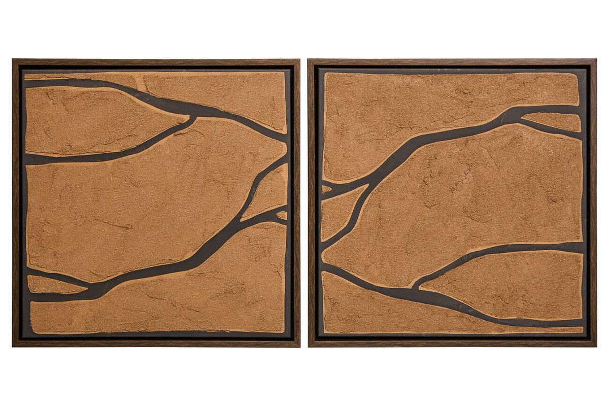 Two framed artworks with brown abstract designs on a white background
