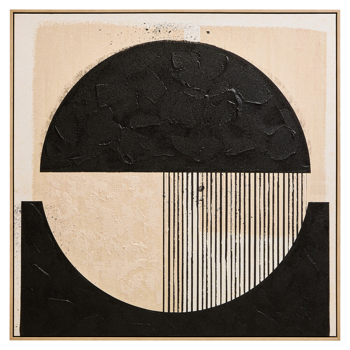 Abstract art piece with black, beige, and striped patterns on a textured background