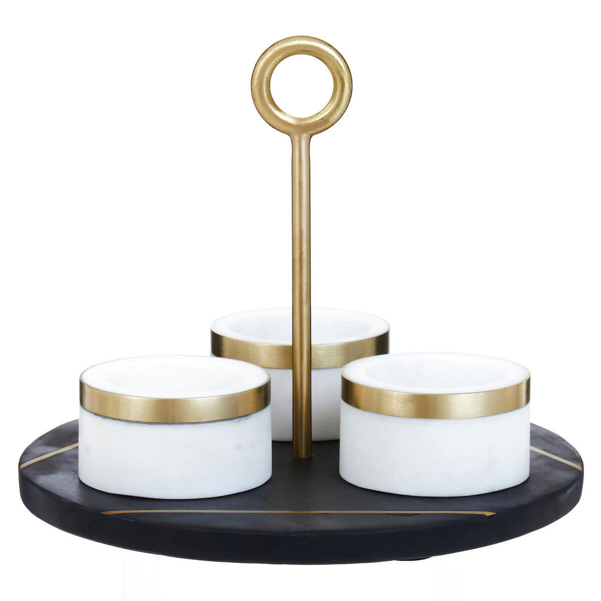 Three-tiered stand with marble containers and gold accents on a white background