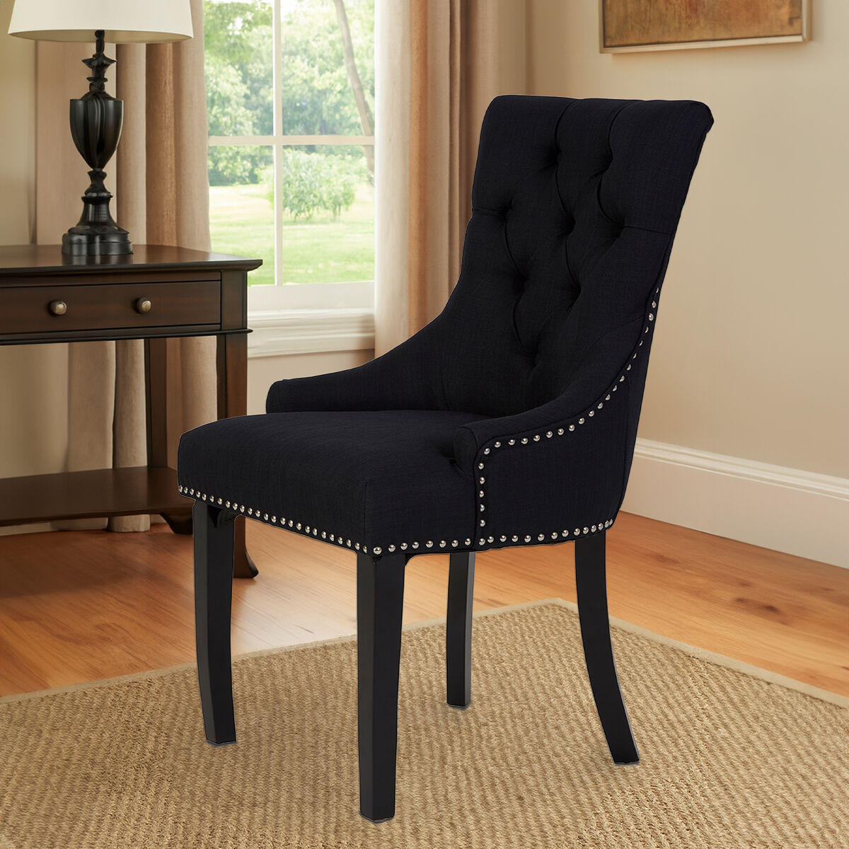Kensington Townhouse Black Linen Studded Dining Chair - Image 1