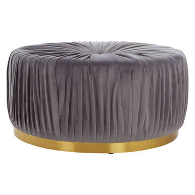 Gray pleated ottoman with a gold base on a white background