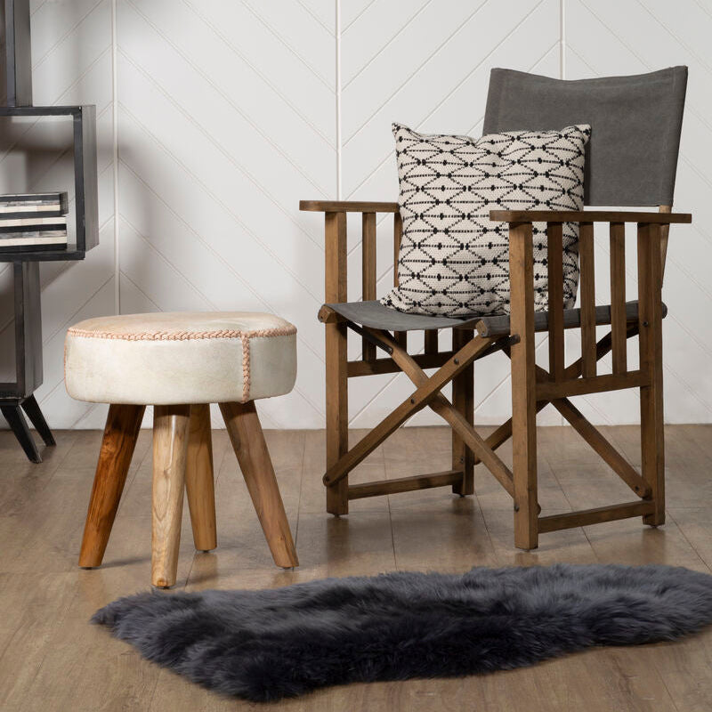 Kendari Hair on Leather and Teak Stool
