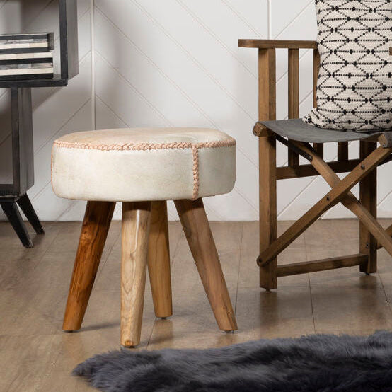 Kendari Hair on Leather and Teak Stool - Image 1