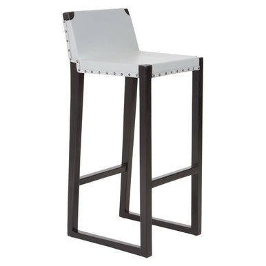 White bar stool with black metal frame on a white background