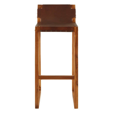 Kendari Brown Leather Bar Chair with Teak Wood Frame - Image 2