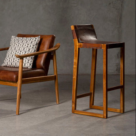 Kendari Brown Leather Bar Chair with Teak Wood Frame - Image 1