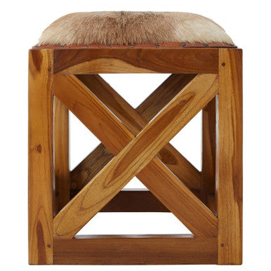 Kendari Hair on Leather and Teak Wood Square Stool - Image 2