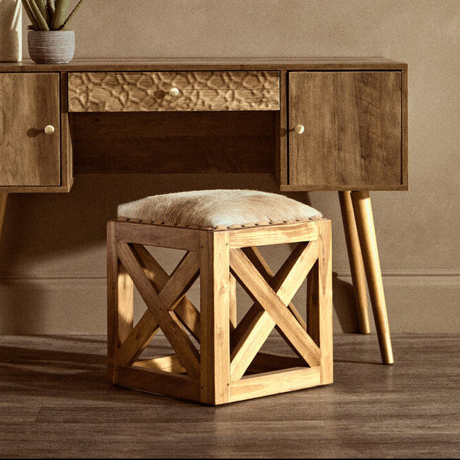 Kendari Hair on Leather and Teak Wood Square Stool - Image 1