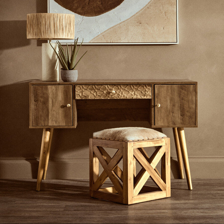 Kendari Hair on Leather and Teak Wood Square Stool