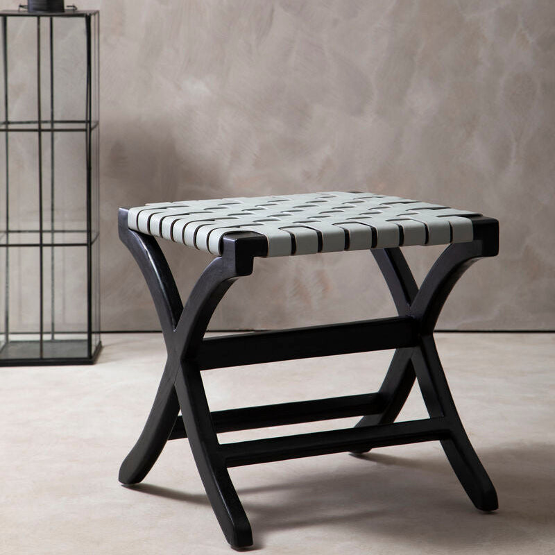 Kendari Woven Grey Leather And Black Teak Stool - Image 1