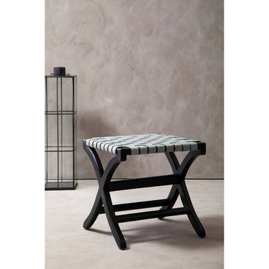 Kendari Grey Leather And Teak Stool