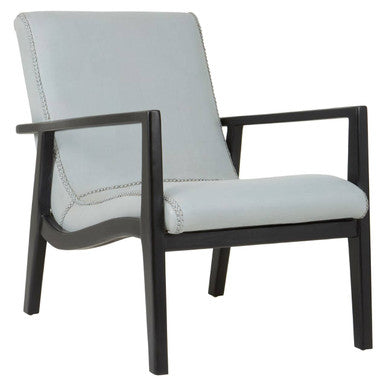 Light gray armchair with black wooden frame on a white background